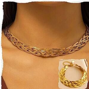 Elegant Gold Braided Necklace Matching Bracelet Set, Handcrafted Weave, P…